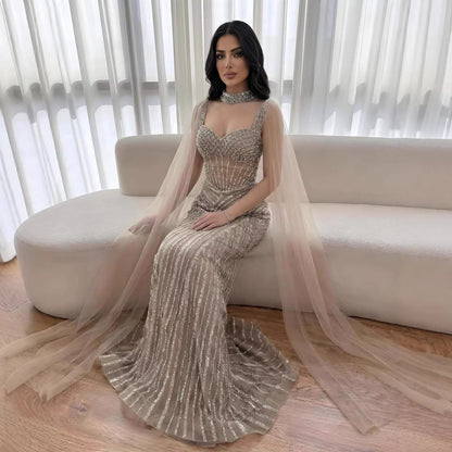 Luxury Nude Beaded Mermaid Evening Dress With Cape Sleeves LA72860