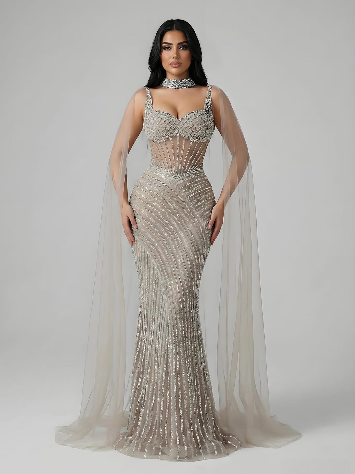 Luxury Nude Beaded Mermaid Evening Dress With Cape Sleeves LA72860