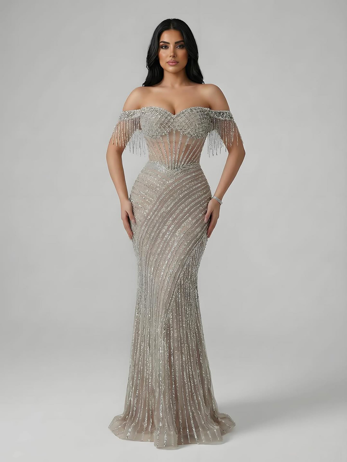 Luxury Nude Beaded Mermaid Evening Dress With Cape Sleeves LA72860