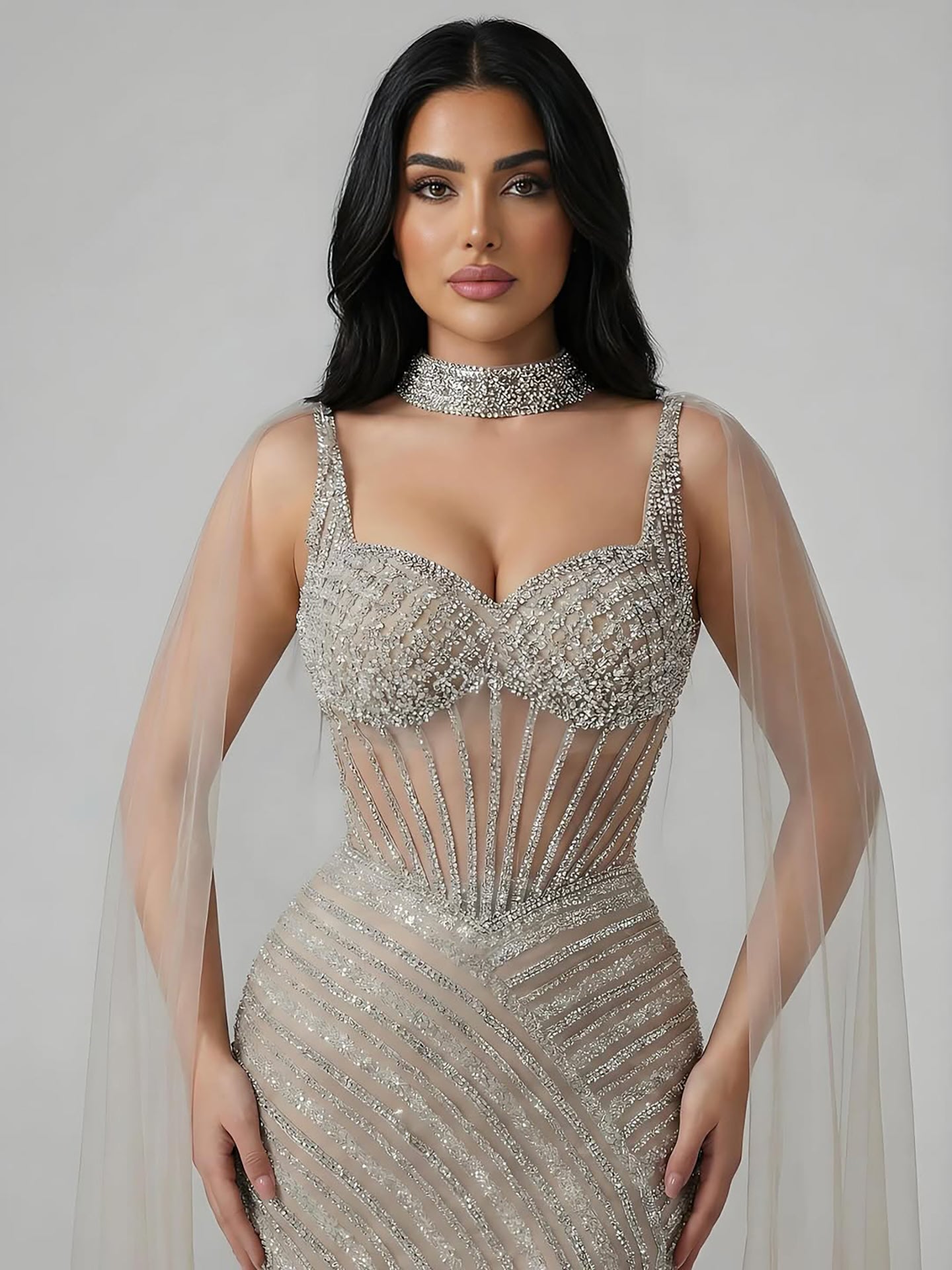 Luxury Nude Beaded Mermaid Evening Dress With Cape Sleeves LA72860