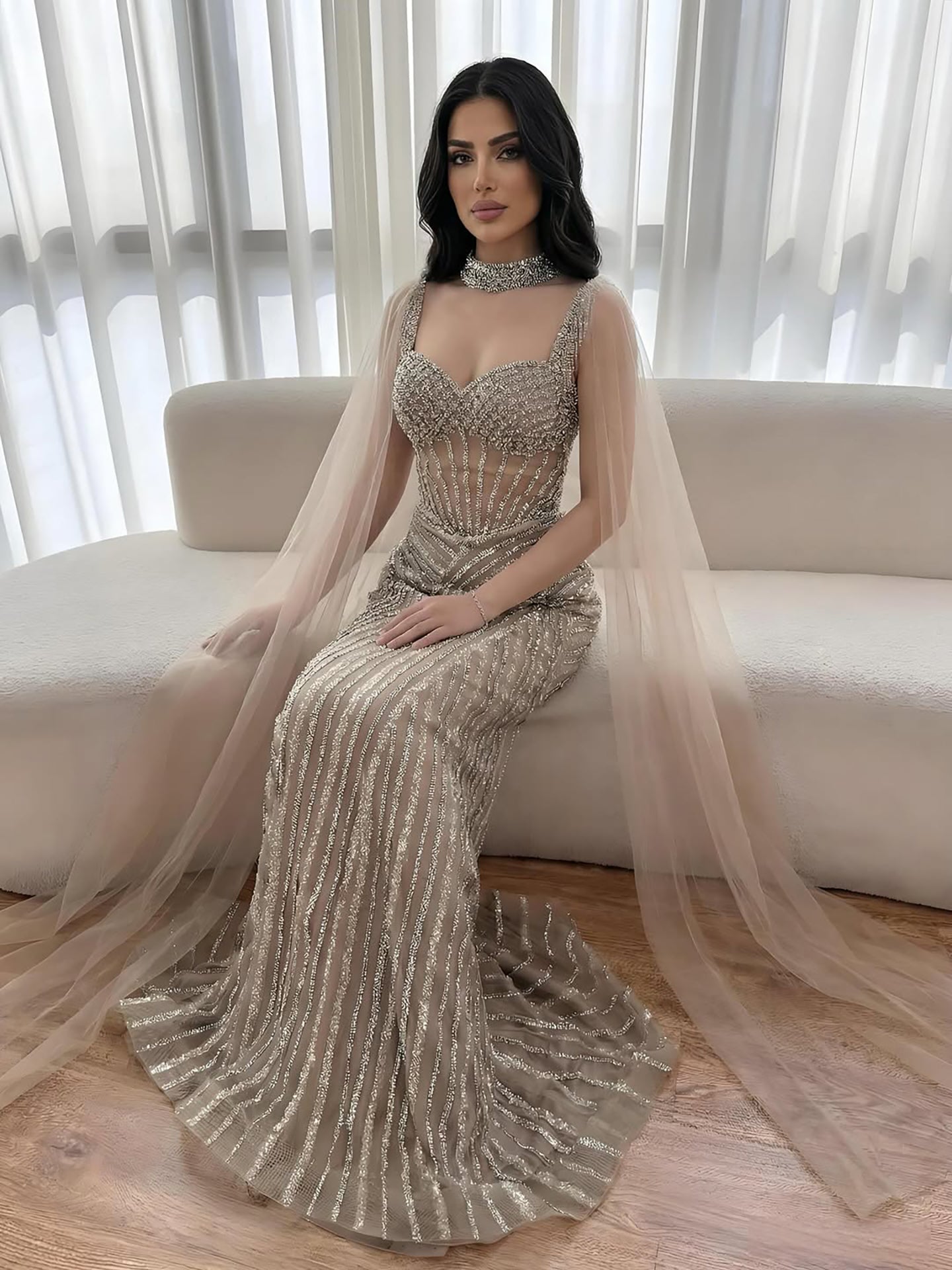 Luxury Nude Beaded Mermaid Evening Dress With Cape Sleeves LA72860