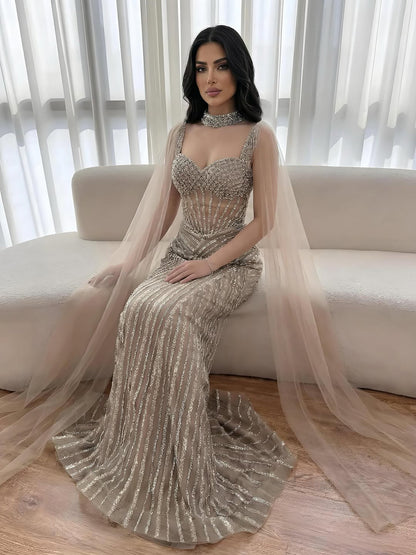 Luxury Nude Beaded Mermaid Evening Dress With Cape Sleeves LA72860