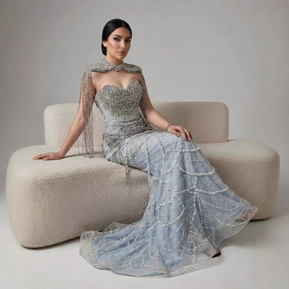 Luxury  Dubai Nude Beaded Evening Dress with Tassel Short Cape LA72876