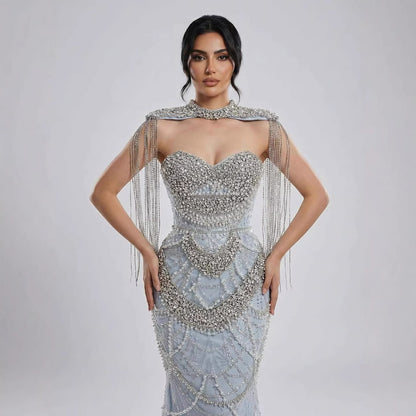 Luxury  Dubai Nude Beaded Evening Dress with Tassel Short Cape LA72876