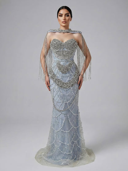 Luxury  Dubai Nude Beaded Evening Dress with Tassel Short Cape LA72876