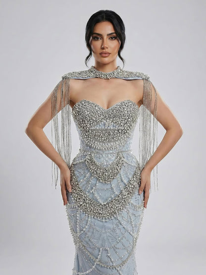Luxury  Dubai Nude Beaded Evening Dress with Tassel Short Cape LA72876