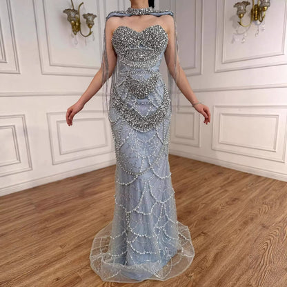 Luxury  Dubai Nude Beaded Evening Dress with Tassel Short Cape LA72876