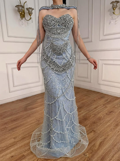 Luxury  Dubai Nude Beaded Evening Dress with Tassel Short Cape LA72876