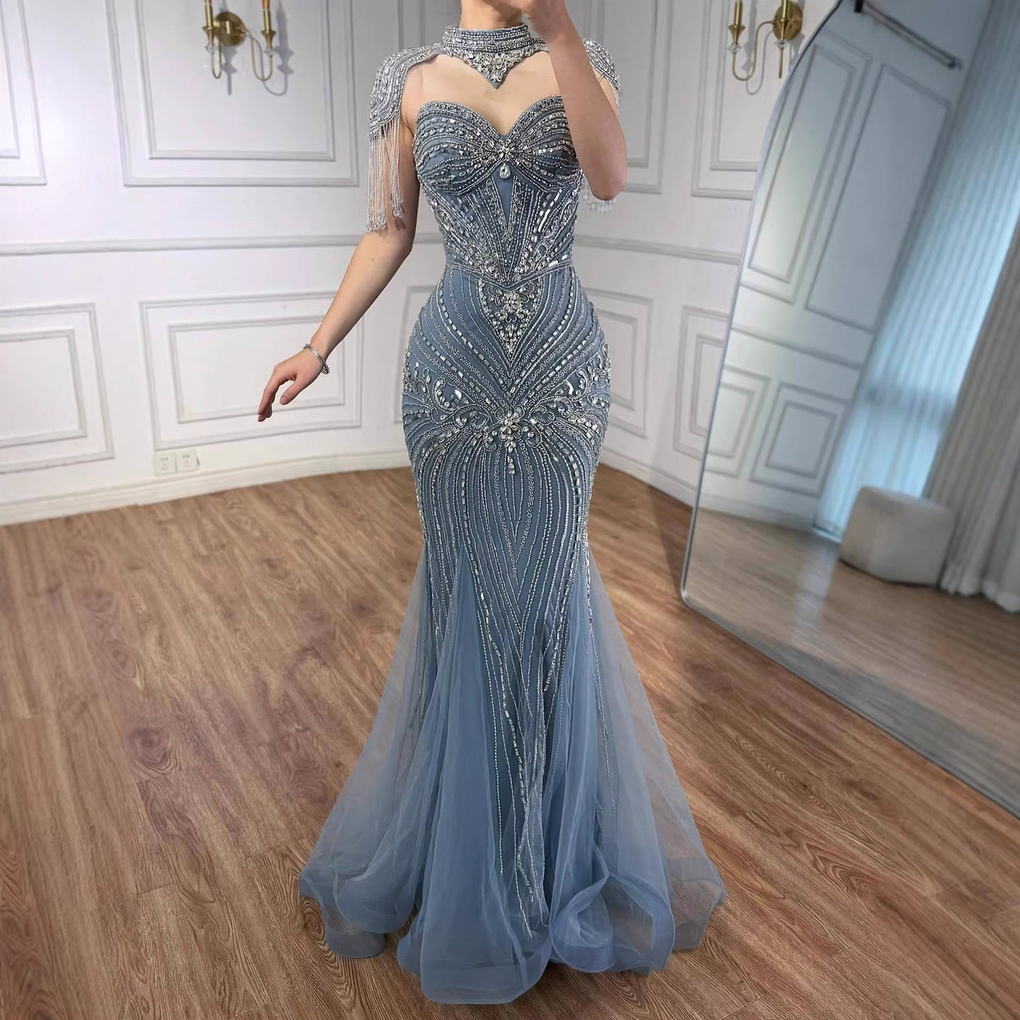 Luxury Nude Beaded High Neck Mermaid Evening Dress LA72897 - SERENE  HILL