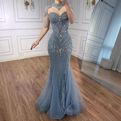 Luxury Nude Beaded High Neck Mermaid Evening Dress LA72897 - SERENE  HILL