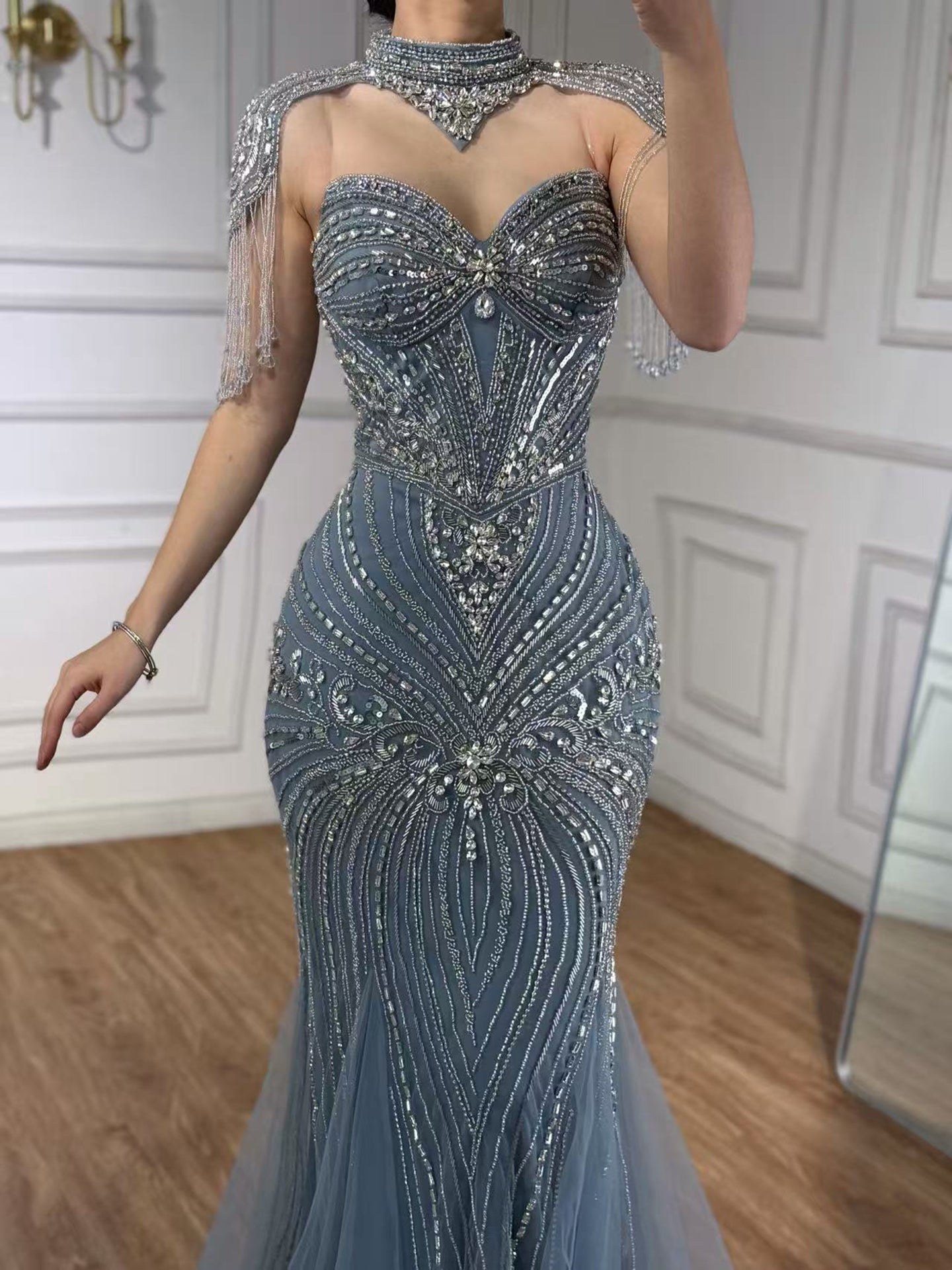 Luxury Nude Beaded High Neck Mermaid Evening Dress LA72897 - SERENE  HILL