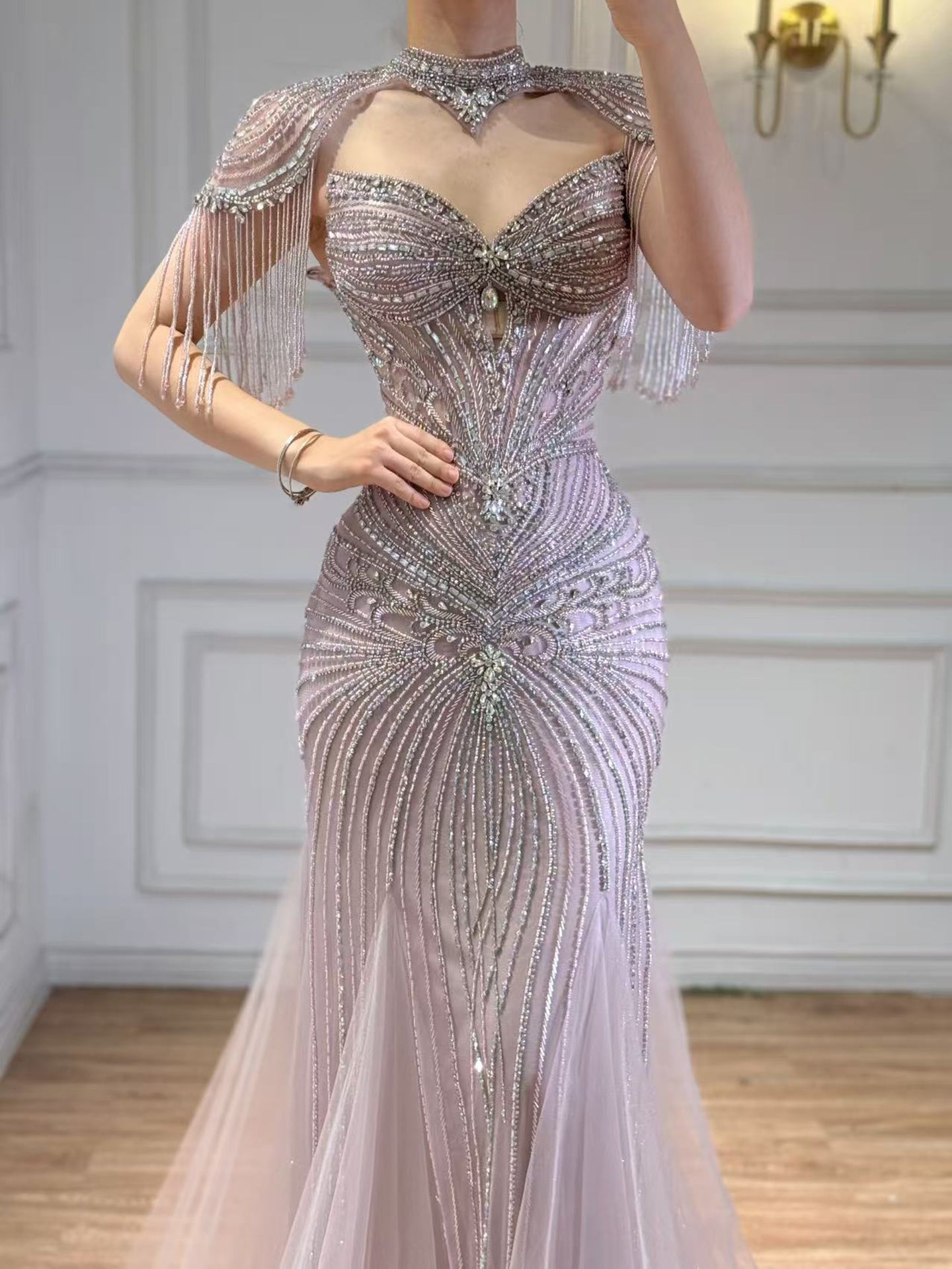 Luxury Dubai Beaded Blue Pink Evening Dress with Tassel Cape LA72897B - SERENE  HILL