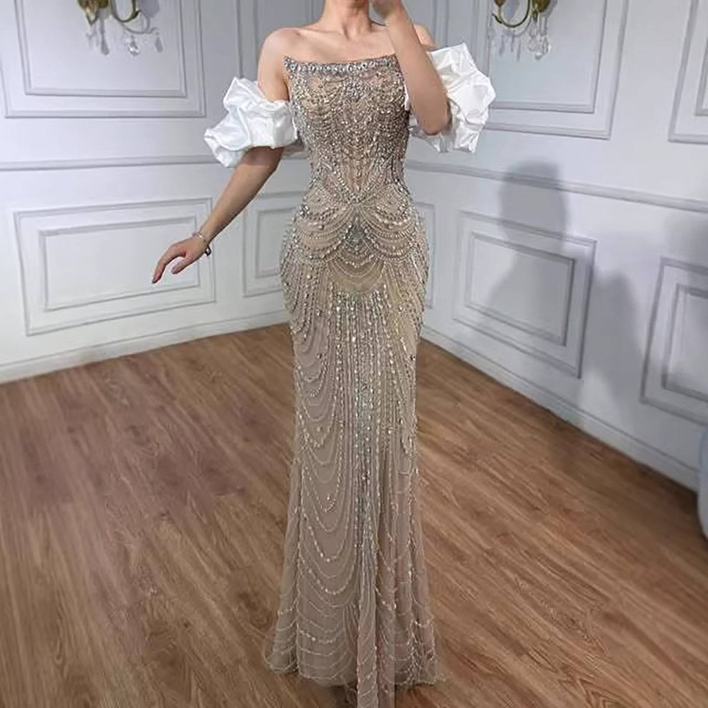 Luxury Beaded Evening Dress Puff Sleeves Pearl Adorned LA72903 - SERENE  HILL