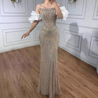 Luxury Beaded Evening Dress Puff Sleeves Pearl Adorned LA72903 - SERENE  HILL