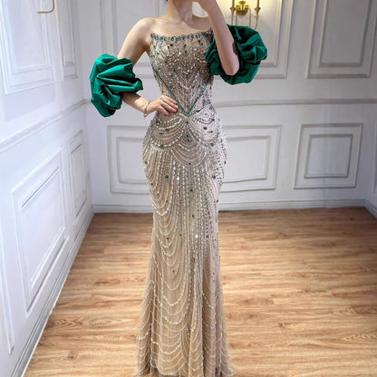 Luxury Beaded Evening Dress Puff Sleeves Pearl Adorned LA72903 - SERENE  HILL