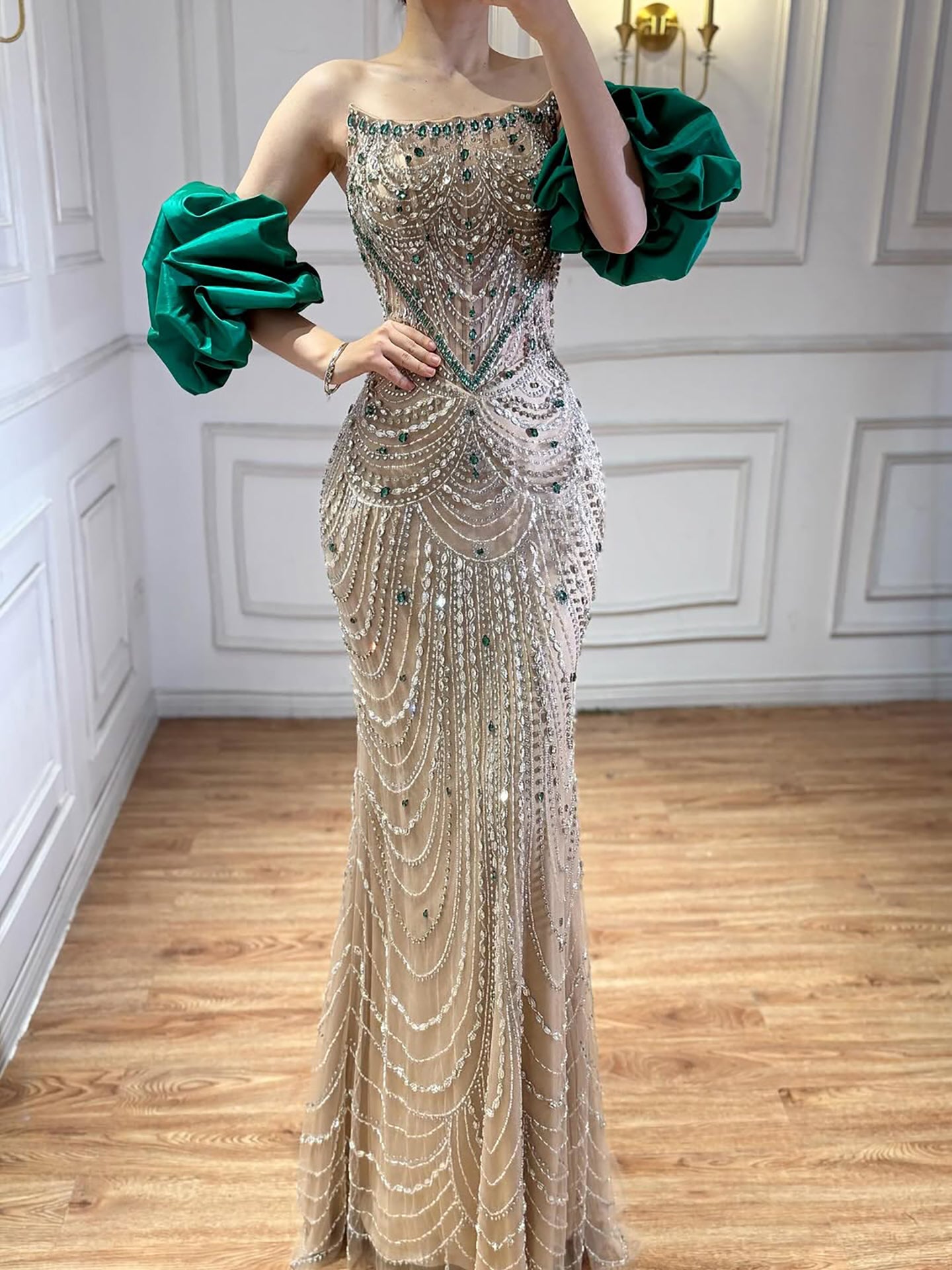 pearl beaded evening dress Luxury Beaded Evening Dresses with Elegant Puff Sleeves Pearl Beaded White / 14