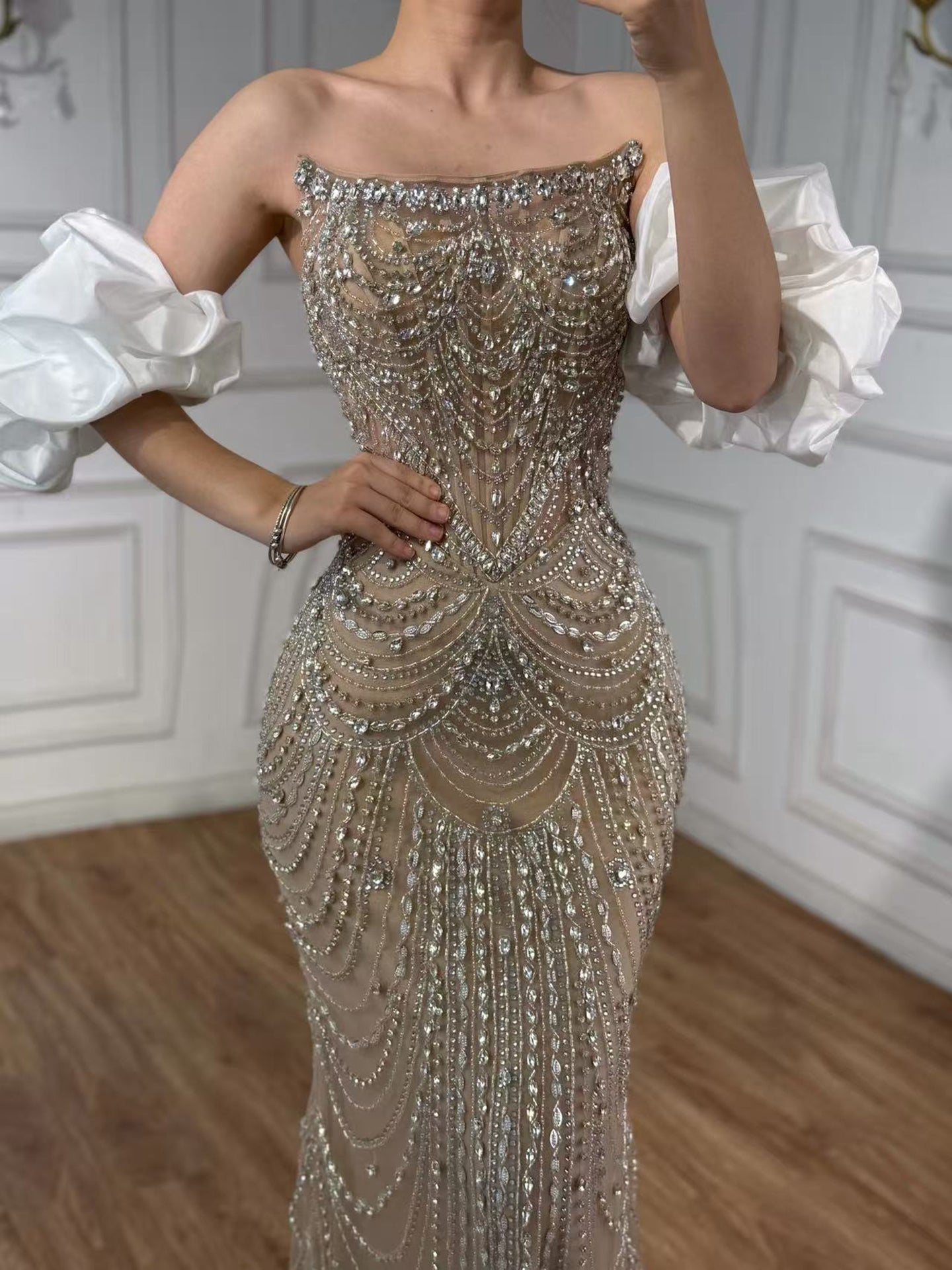 Luxury Beaded Evening Dress Puff Sleeves Pearl Adorned LA72903 - SERENE  HILL