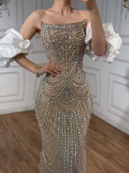 Luxury Beaded Evening Dress Puff Sleeves Pearl Adorned LA72903 - SERENE  HILL