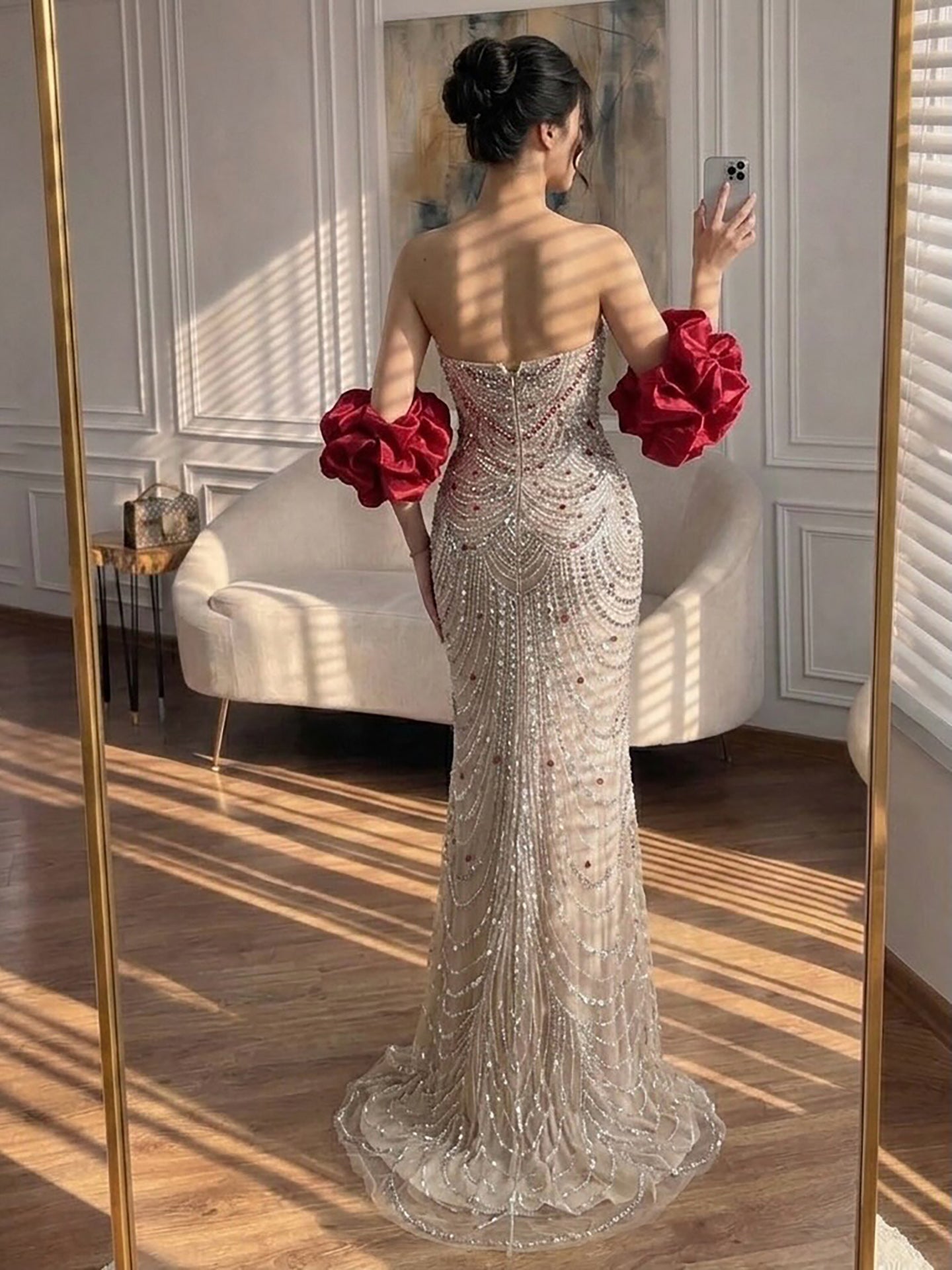 Luxury Red Crystal Mermaid Dress with Detachable Cape LA72903A SERENE HILL