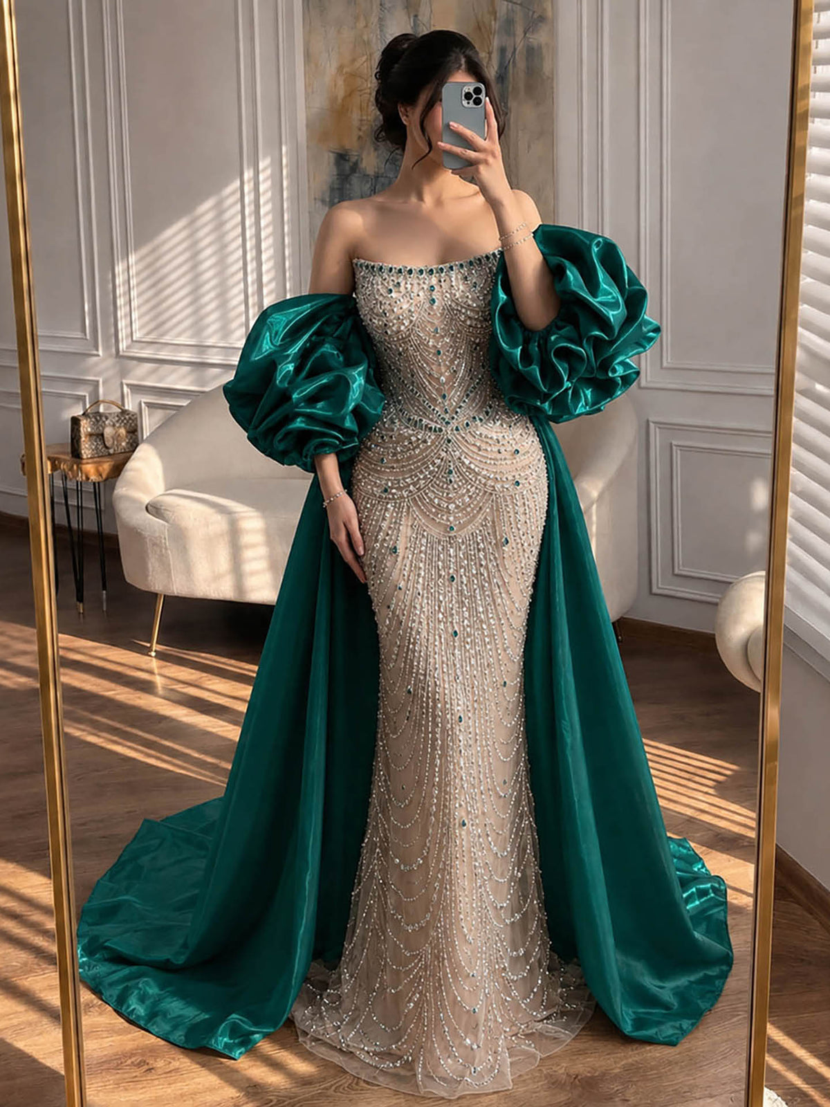 Luxury Red Crystal Beaded Mermaid Dress with Detachable Cape LA72903A