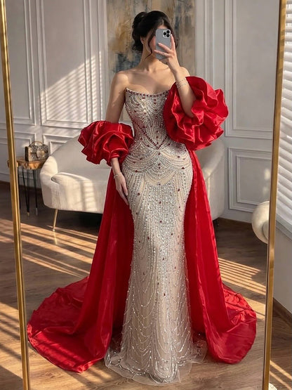 Luxury Red Crystal Mermaid Dress with Detachable Cape LA72903A SERENE HILL