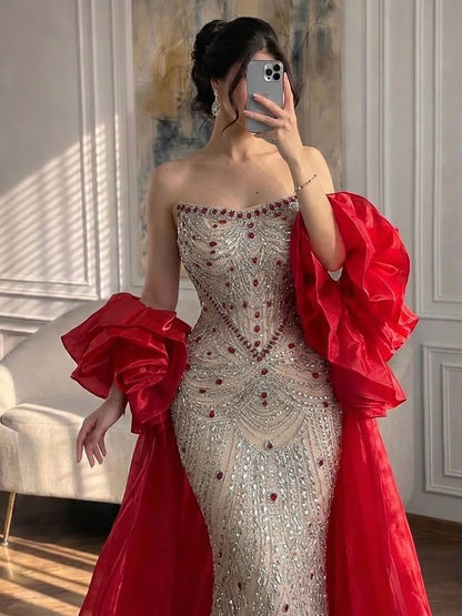 Luxury Red Crystal Mermaid Dress with Detachable Cape LA72903A SERENE HILL