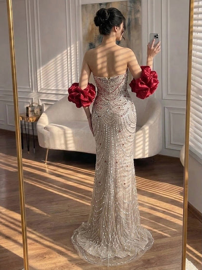 Luxury Red Crystal Mermaid Dress with Detachable Cape LA72903A SERENE HILL