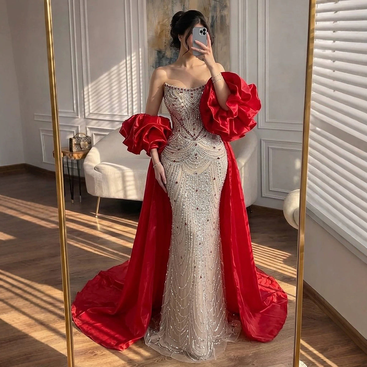 Luxury Red Crystal Mermaid Dress with Detachable Cape LA72903A SERENE HILL