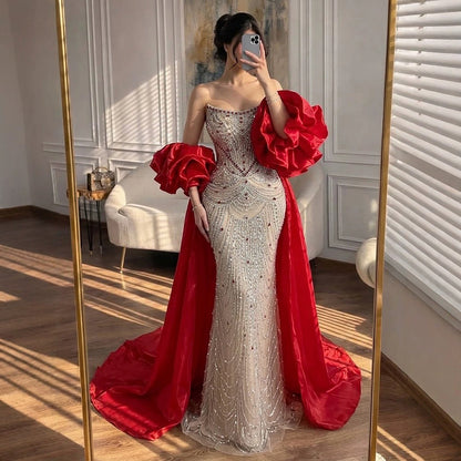 Luxury Red Crystal Mermaid Dress with Detachable Cape LA72903A SERENE HILL