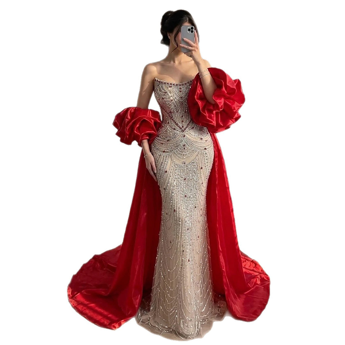 Luxury Red Crystal Mermaid Dress with Detachable Cape LA72903A SERENE HILL
