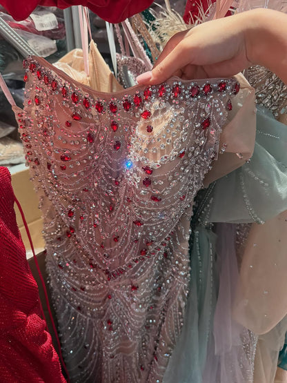 Luxury Red Crystal Mermaid Dress with Detachable Cape LA72903A SERENE HILL