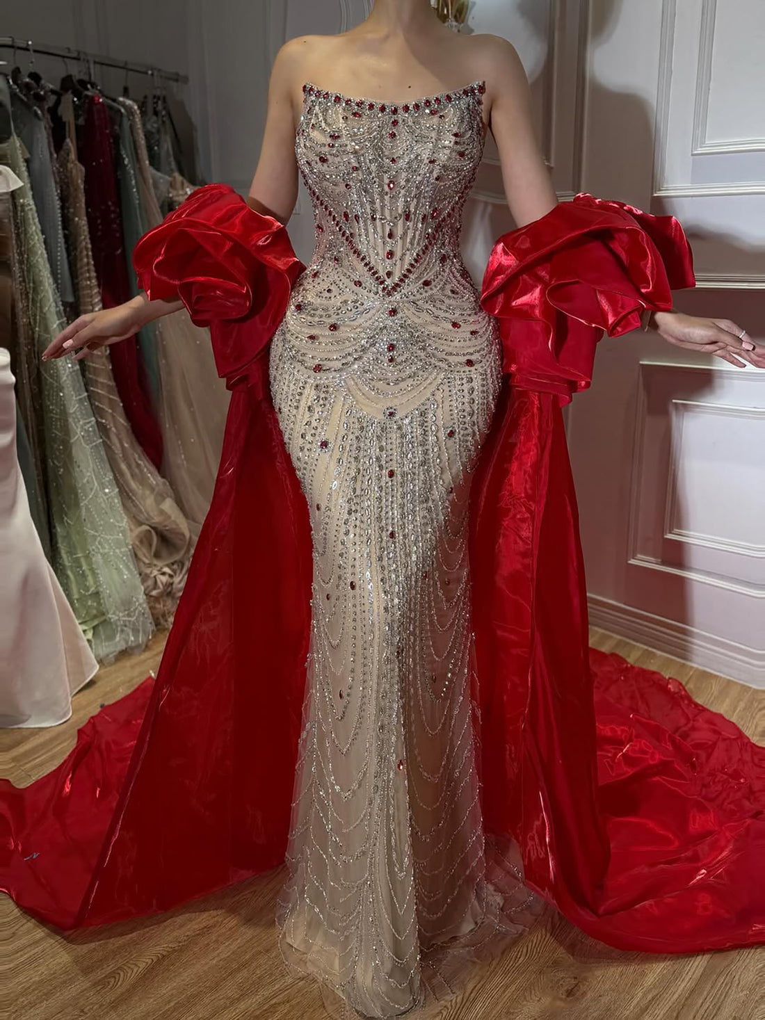 Luxury Red Crystal Mermaid Dress with Detachable Cape LA72903A SERENE HILL