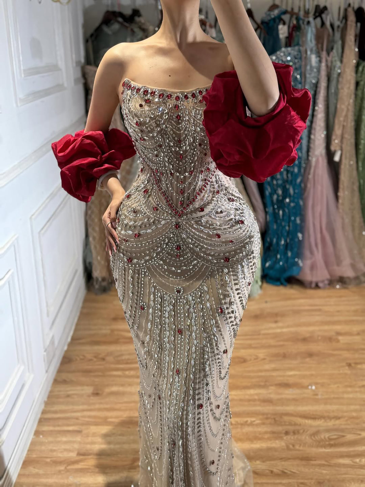 Luxury Red Crystal Mermaid Dress with Detachable Cape LA72903A SERENE HILL