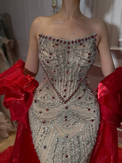 Luxury Red Crystal Mermaid Dress with Detachable Cape LA72903A SERENE HILL