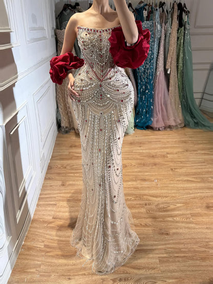 Luxury Red Crystal Mermaid Dress with Detachable Cape LA72903A SERENE HILL