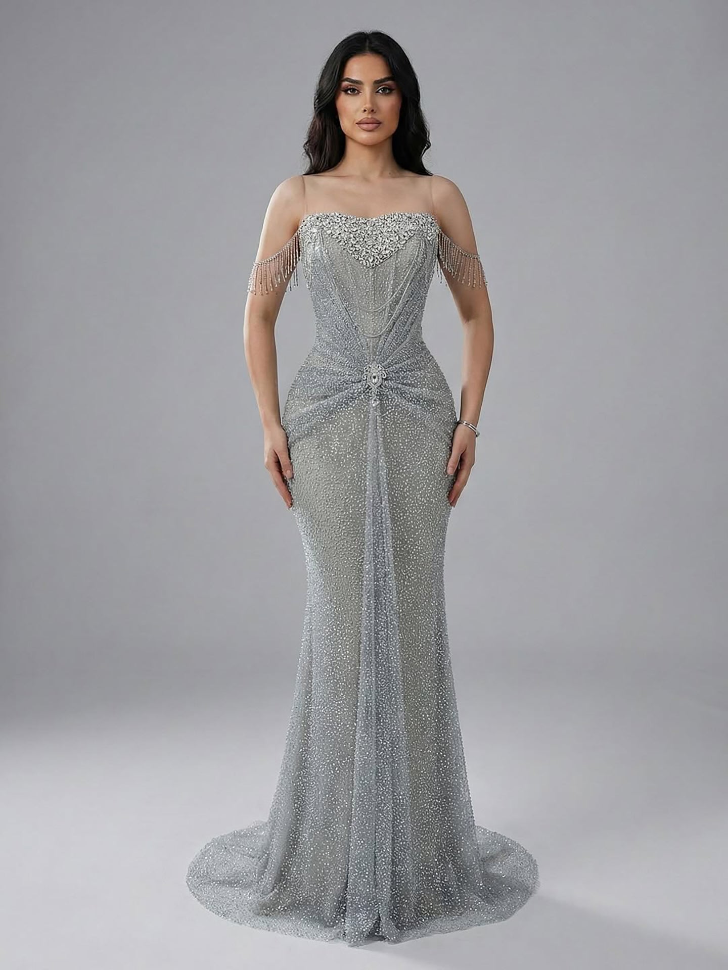 Luxury Silver Gray Beaded Crystal Strapless Evening Dress LA72905A - SERENE  HILL