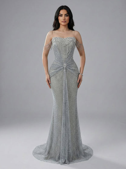 Luxury Silver Gray Beaded Crystal Strapless Evening Dress LA72905A - SERENE  HILL