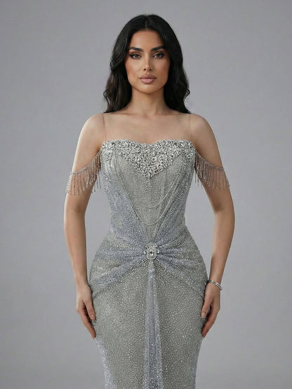 Luxury Silver Gray Beaded Crystal Strapless Evening Dress LA72905A - SERENE  HILL
