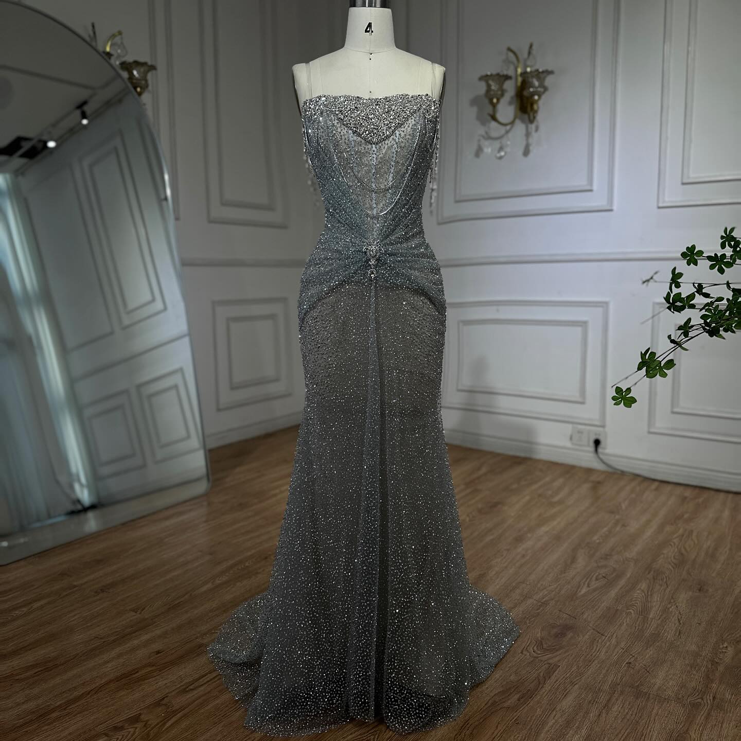 Luxury Silver Gray Beaded Crystal Strapless Evening Dress LA72905A - SERENE  HILL