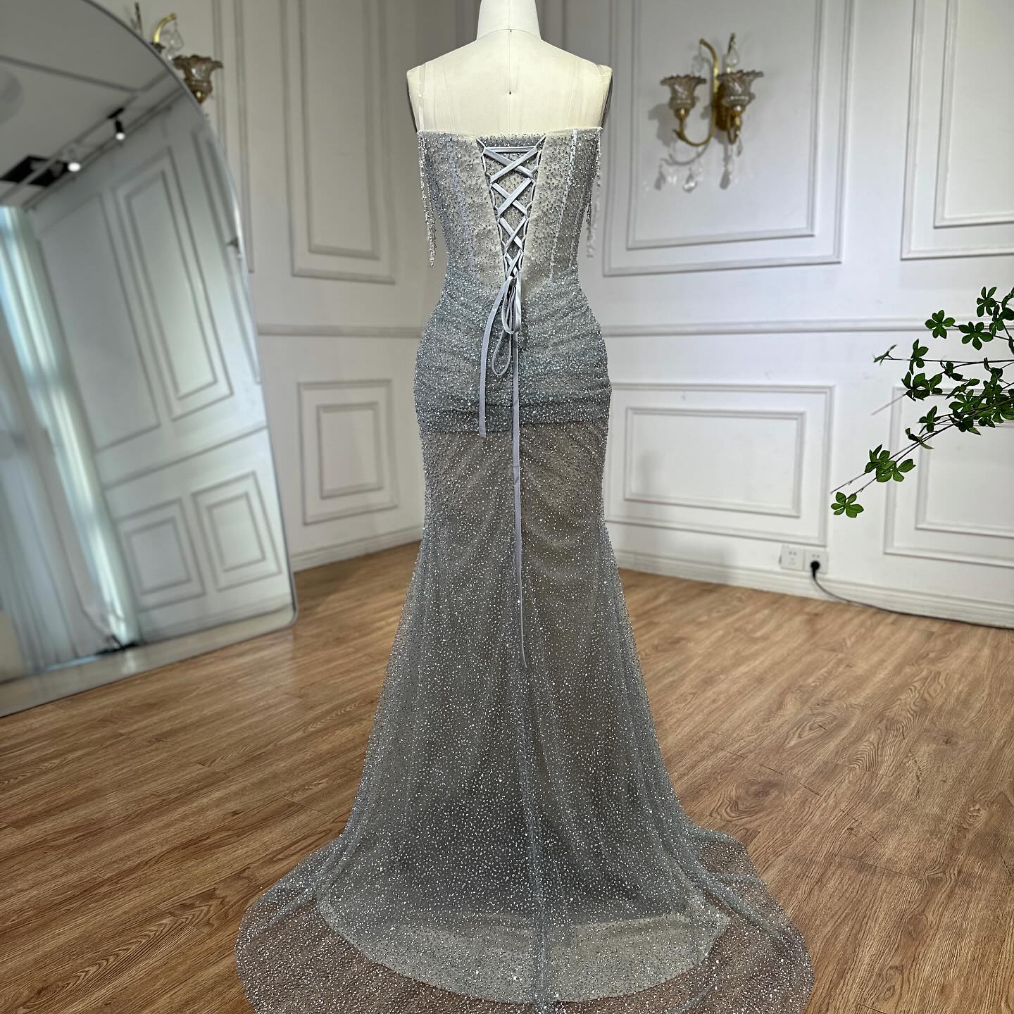 Luxury Silver Gray Beaded Crystal Strapless Evening Dress LA72905A - SERENE  HILL