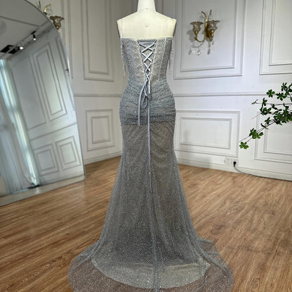 Luxury Silver Gray Beaded Crystal Strapless Evening Dress LA72905A - SERENE  HILL