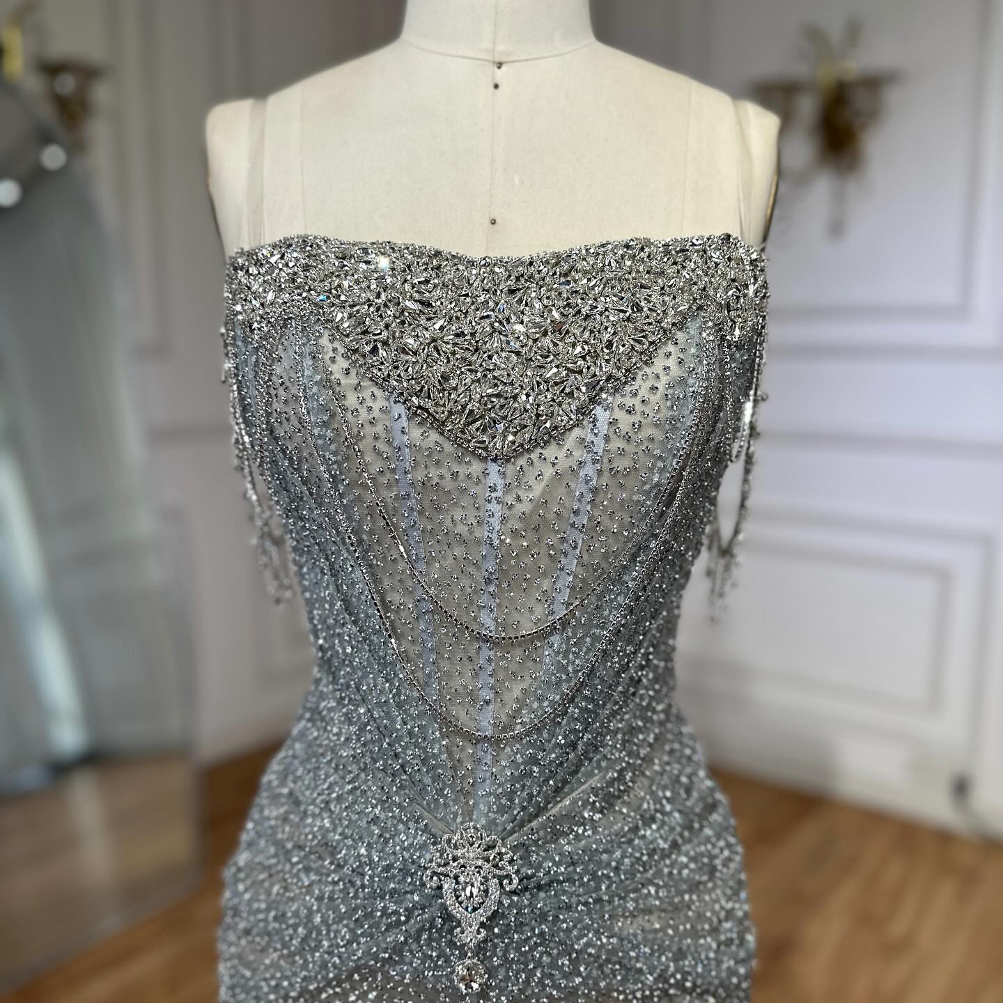 Luxury Silver Gray Beaded Crystal Strapless Evening Dress LA72905A - SERENE  HILL