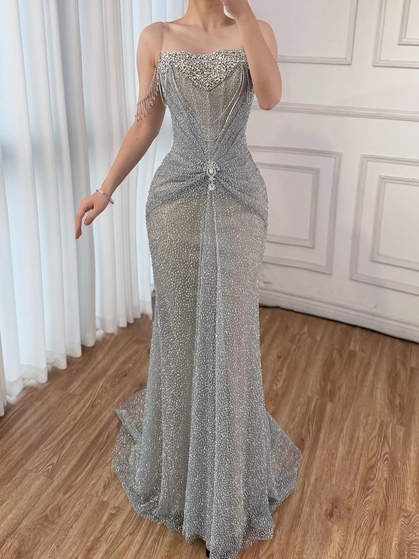 Luxury Silver Gray Beaded Crystal Strapless Evening Dress LA72905A - SERENE  HILL
