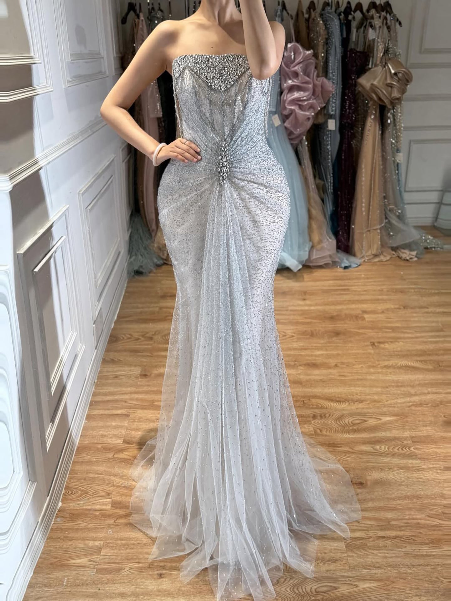 Luxury Silver Gray Beaded Crystal Strapless Evening Dress LA72905A