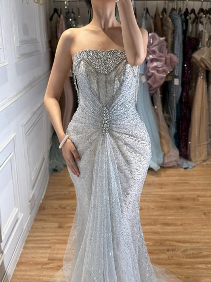 Luxury Silver Gray Beaded Crystal Strapless Evening Dress LA72905A