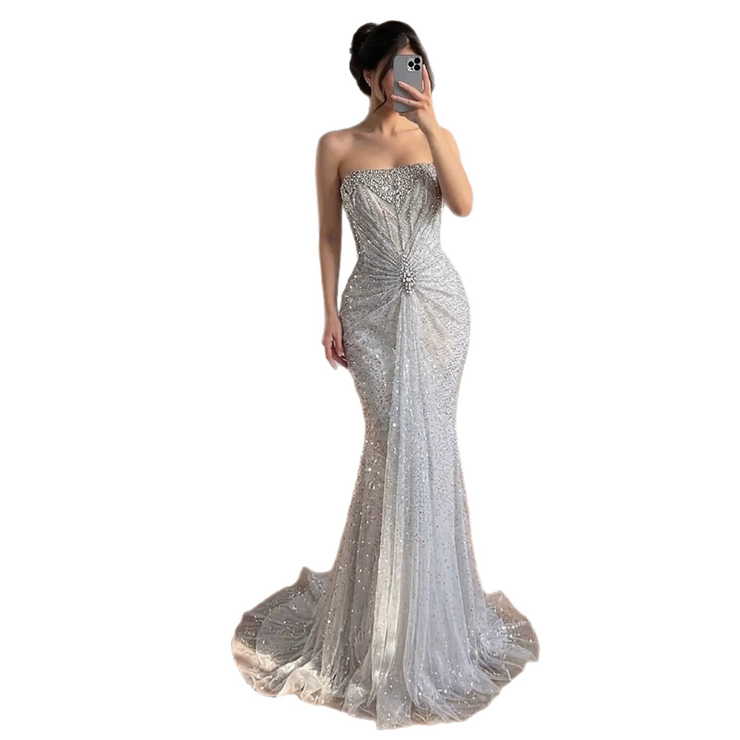 Luxury Silver Gray Beaded Crystal Strapless Evening Dress LA72905A
