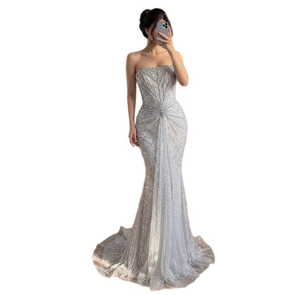 Luxury Silver Gray Beaded Crystal Strapless Evening Dress LA72905A