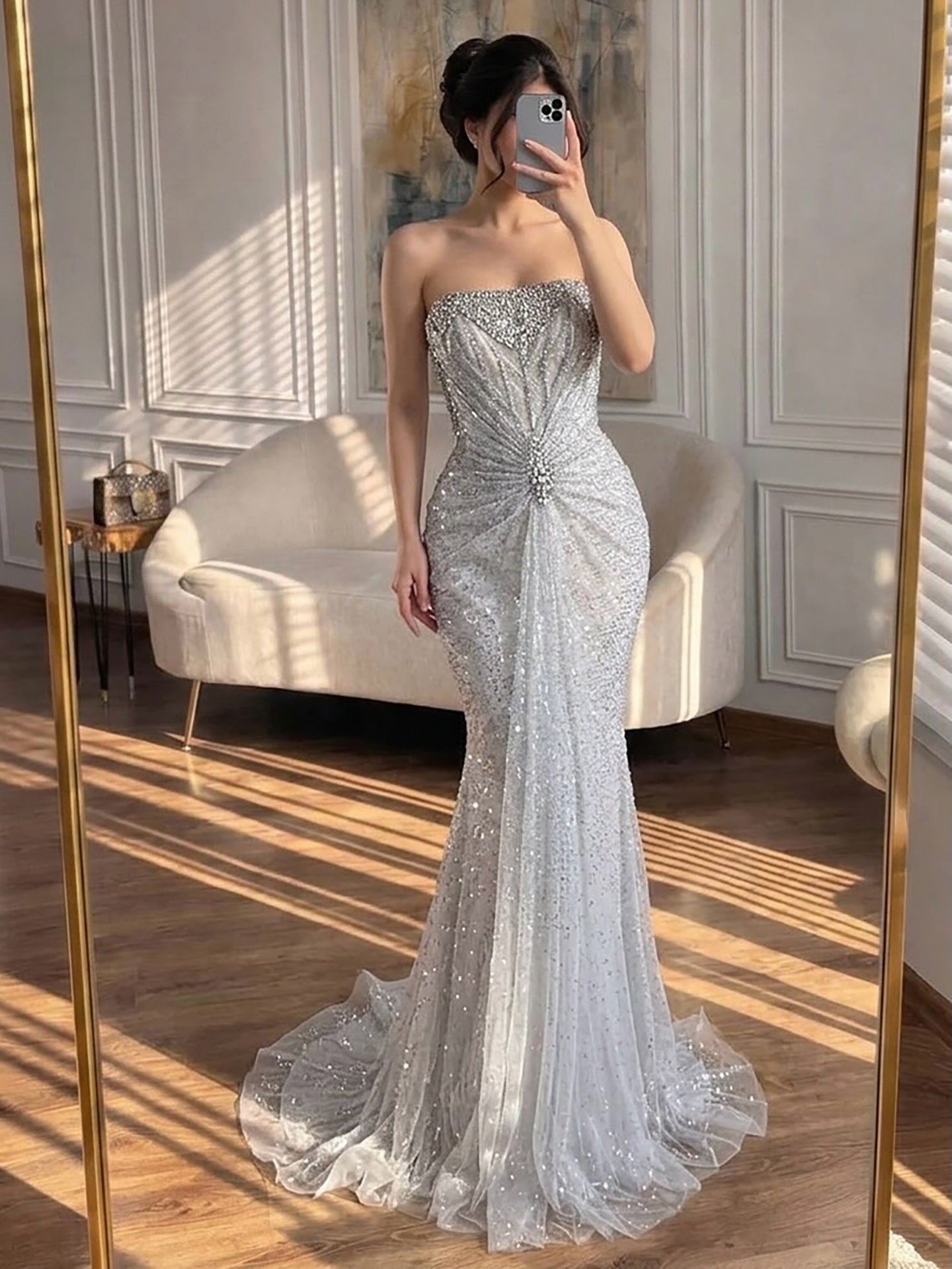 Luxury Silver Gray Beaded Crystal Strapless Evening Dress LA72905A