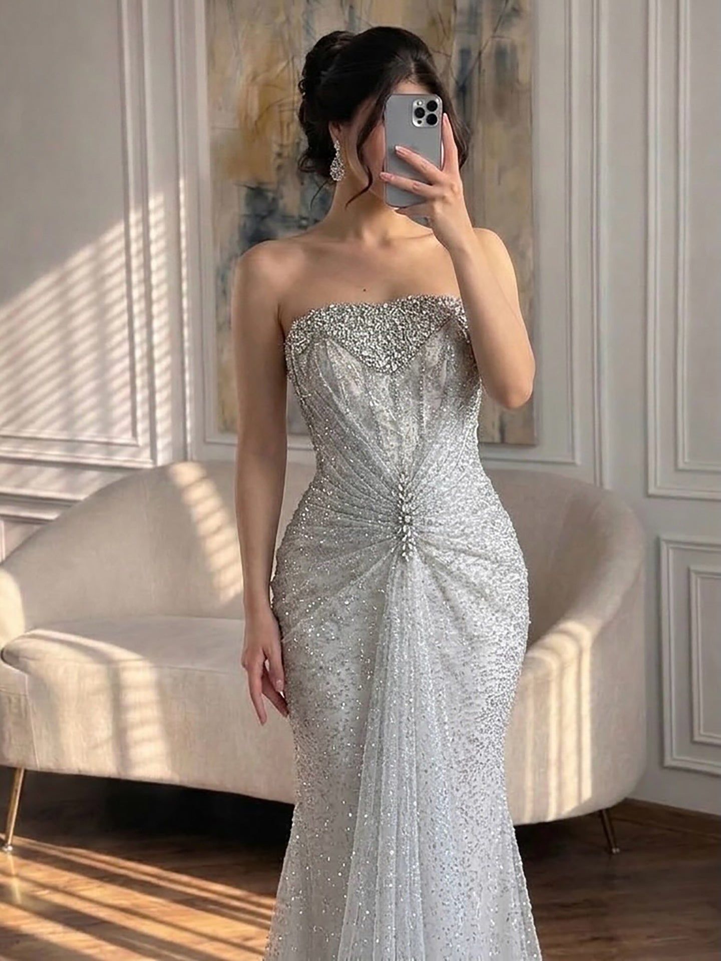 Luxury Silver Gray Beaded Crystal Strapless Evening Dress LA72905A
