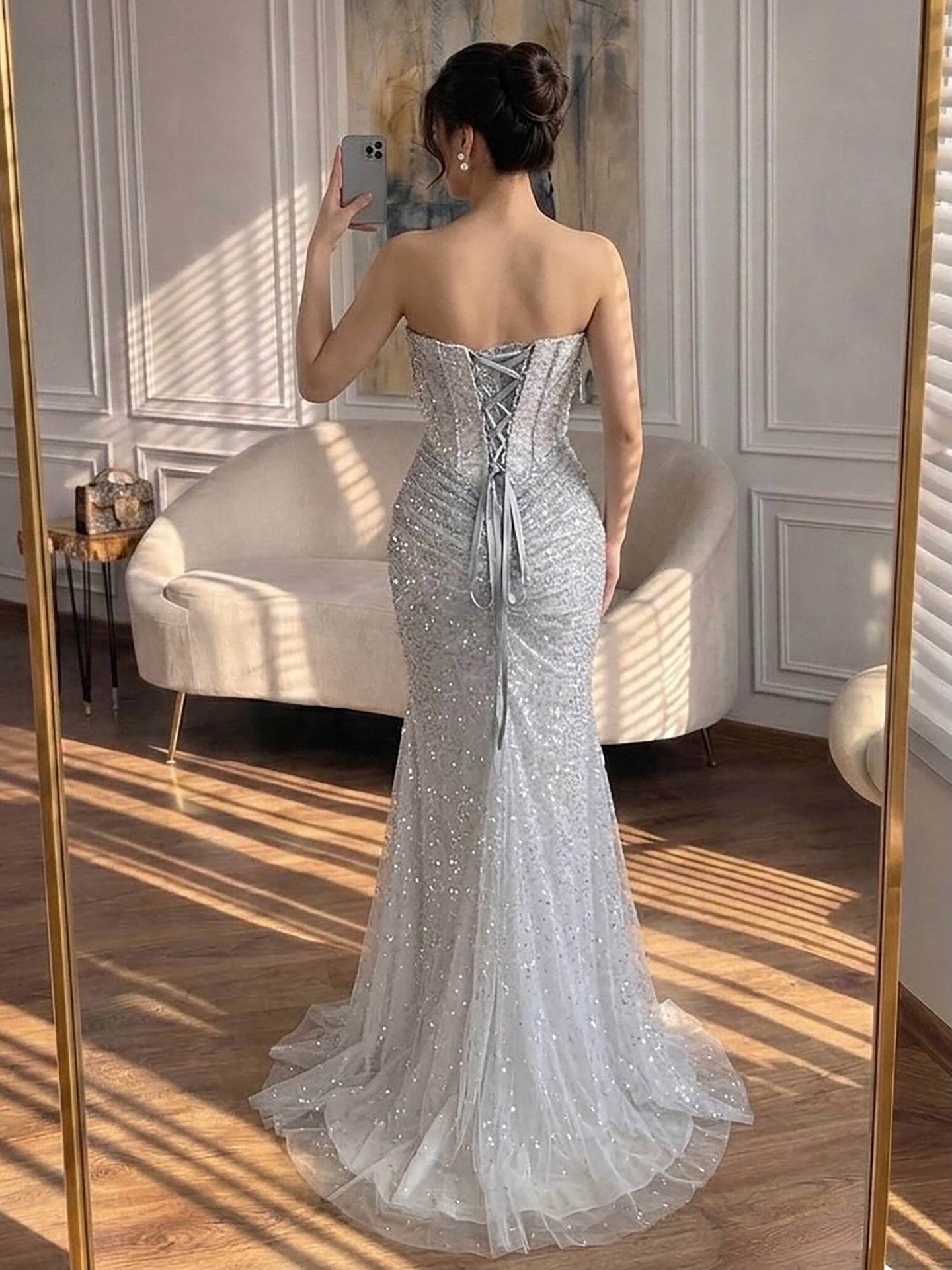 Luxury Silver Gray Beaded Crystal Strapless Evening Dress LA72905A